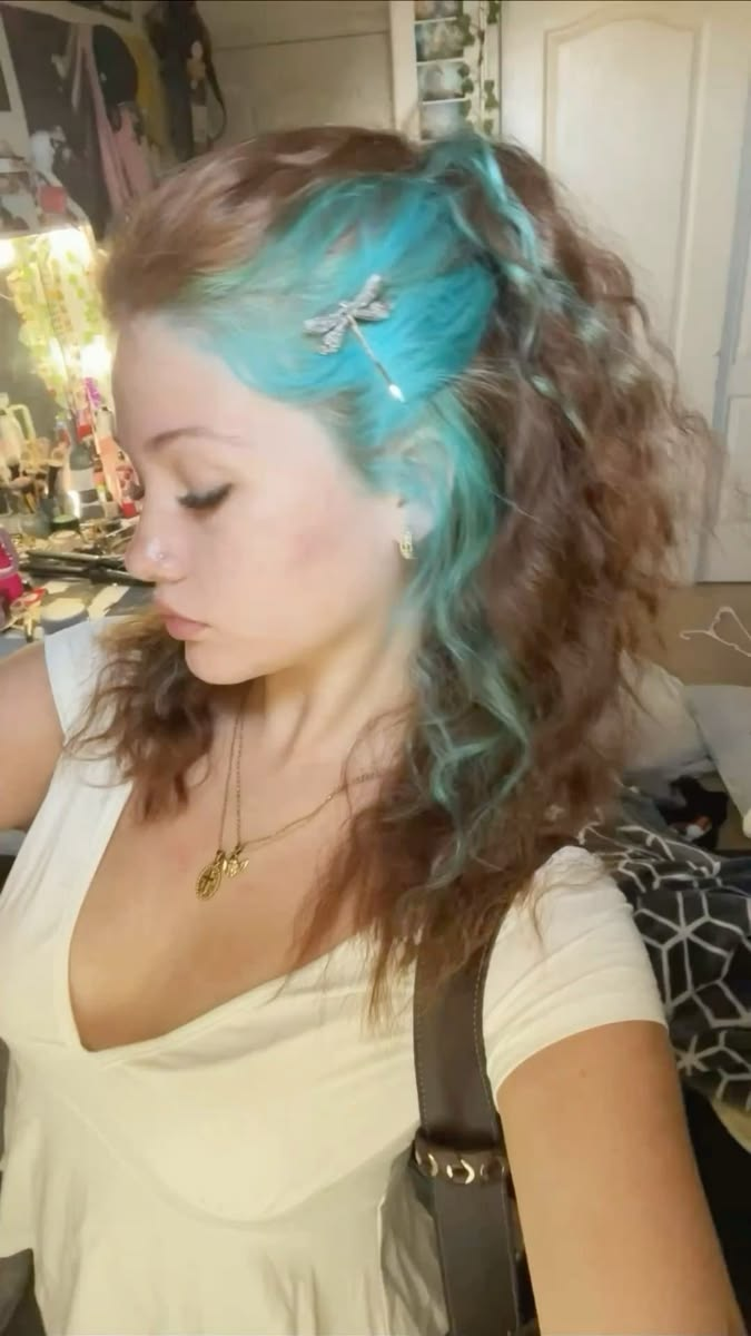 Dragonfly hair clip in curly blue and brown hair