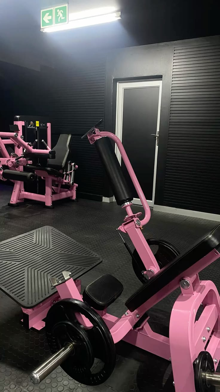 Pink plate-loaded leg press and squat exercise machine in a gym